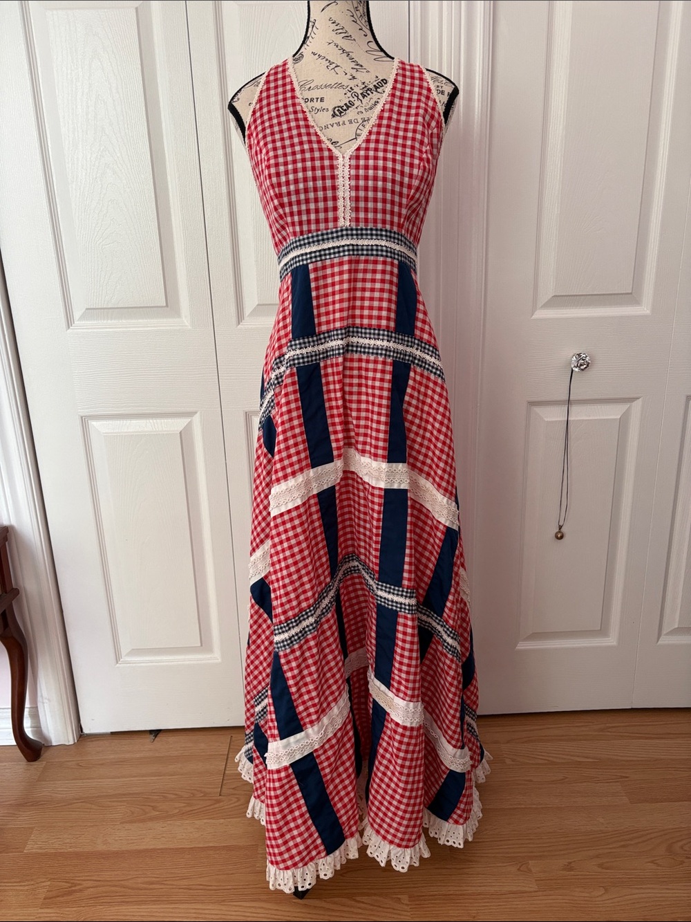 Eloise Curtis Red Gingham Maxi Dress with Navy Panels and Lace Trim